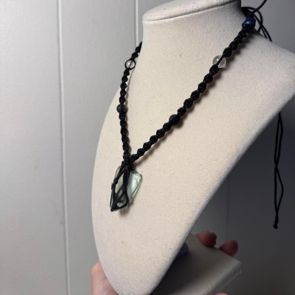 The Unbranded Brand Jewelry - Handmade Macrame Sea Glass Necklace Black Cord Lapis Lazuli Quartz Boho Pendant